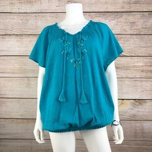 Faded Glory Teal Embroidered Peasant Shirt